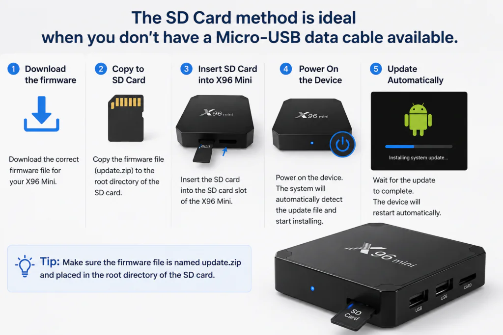 Infographic showing how to update X96 Mini firmware using an SD card instead of a Micro-USB cable, including downloading firmware, inserting the SD card, powering on the device, and automatic installation steps.