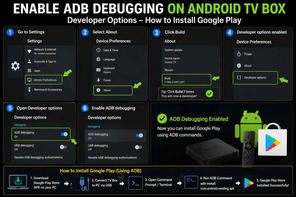 enable adb debugging android tv box developer options how to install google play