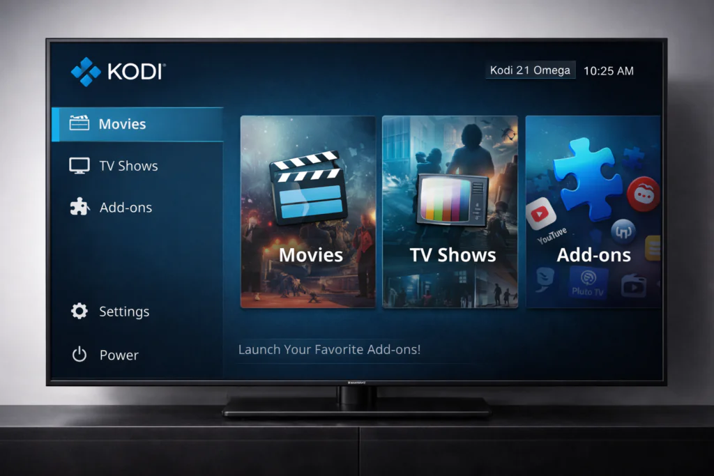 Kodi 21 Omega home screen interface showing Movies, TV Shows and Add-ons menu