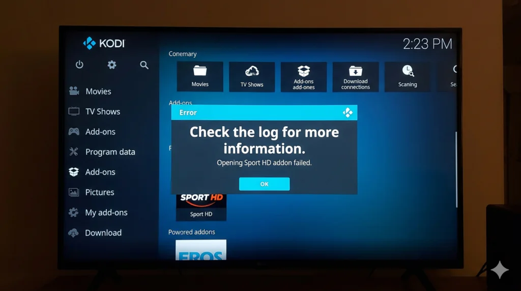 kodi error message check the log shown while opening sport hd addon kodi