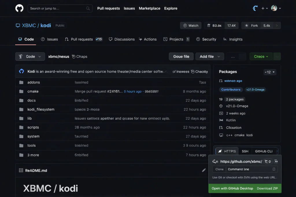 Screenshot of the XBMC Kodi repository on GitHub showing the open-source codebase 