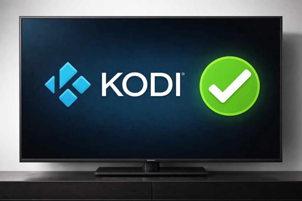 Kodi logo displayed on a screen with a green legal checkmark — illustrating that Kodi is legal software 
