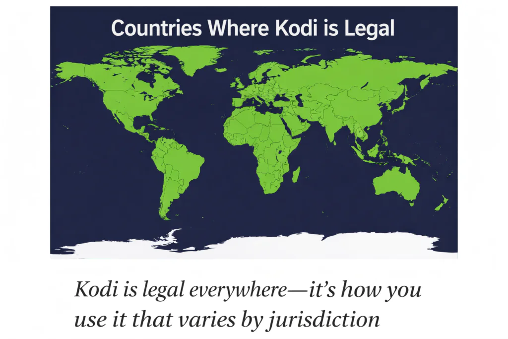 World map highlighting countries where Kodi is legal, showing it is permitted globally with usage caveats