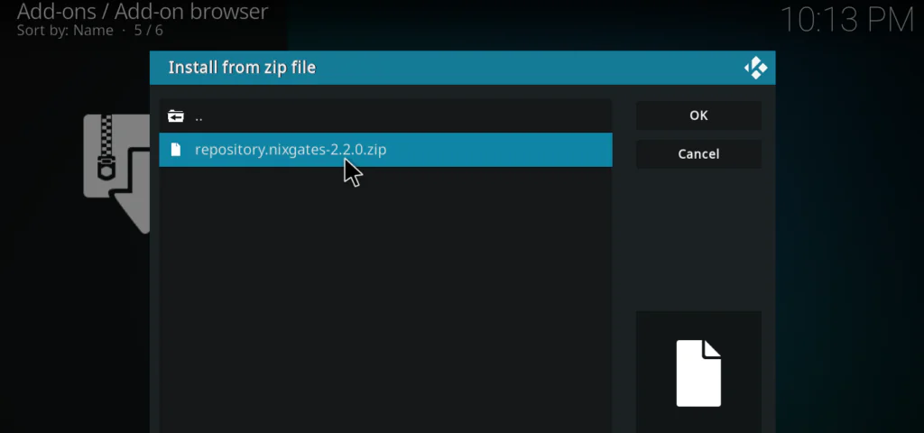 Kodi ZIP file browser showing nixgates.repository.zip file selected for installation