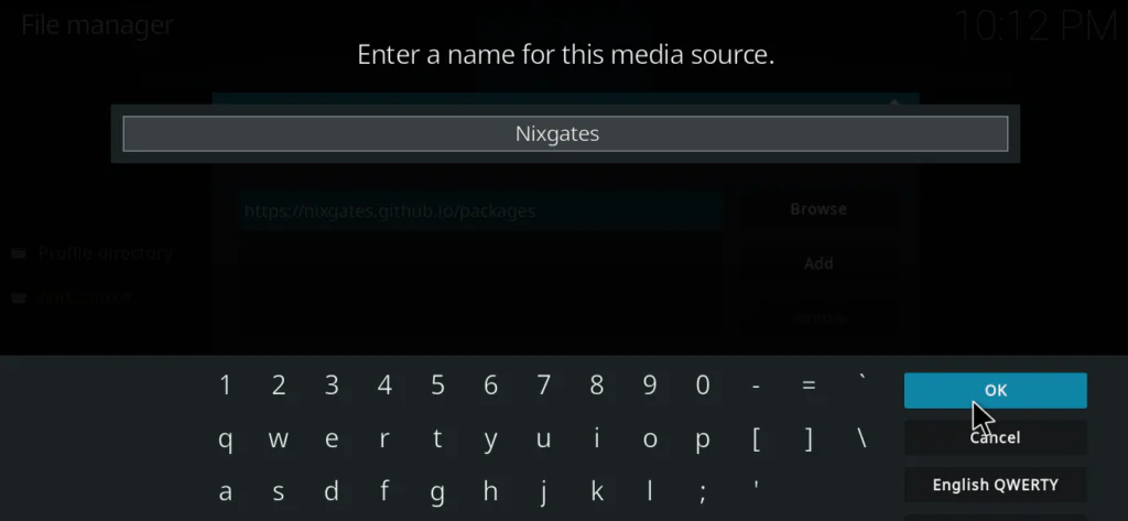  Kodi source name dialog with "Nixgates" entered as the media source name