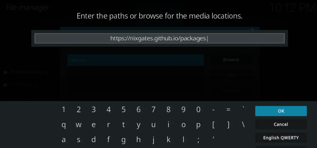 Kodi Add Source dialog with https://nixgates.github.io/packages entered in the URL field