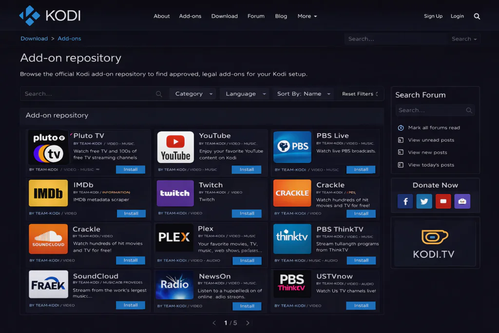 Screenshot of Kodi's official add-on repository page at kodi.tv showing approved legal add-ons