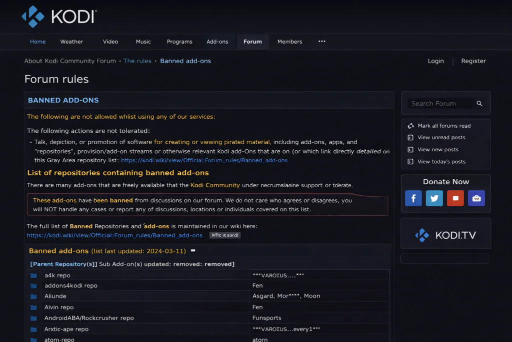 Screenshot of Kodi's official forum rules page showing the banned add-ons blacklist