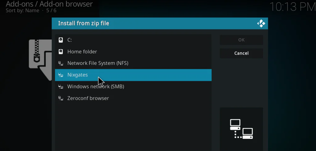 Kodi Install from ZIP file screen showing the Nixgates source folder