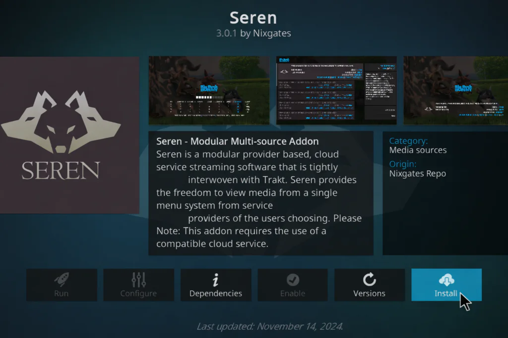 Kodi Seren addon page showing the Install button ready to click