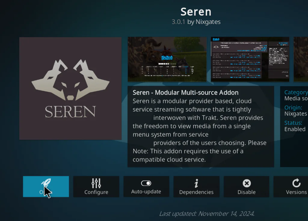 Kodi notification confirming "Seren Add-on installed" successfully