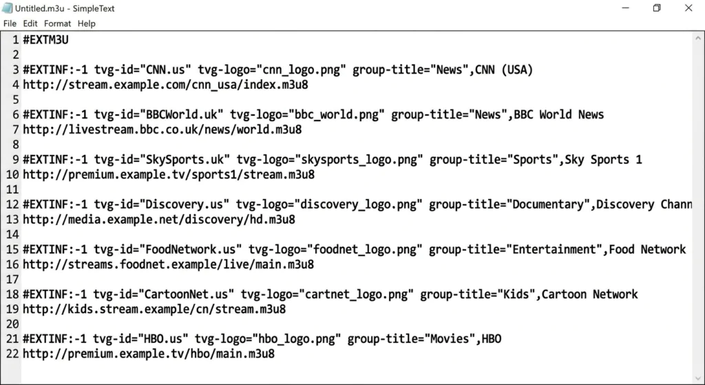 Screenshot of a text editor window titled 'Untitled.m3u - SimpleText' showing a plain text example of an M3U playlist file, with lines of text detailing various TV channel entries and their URLs.
