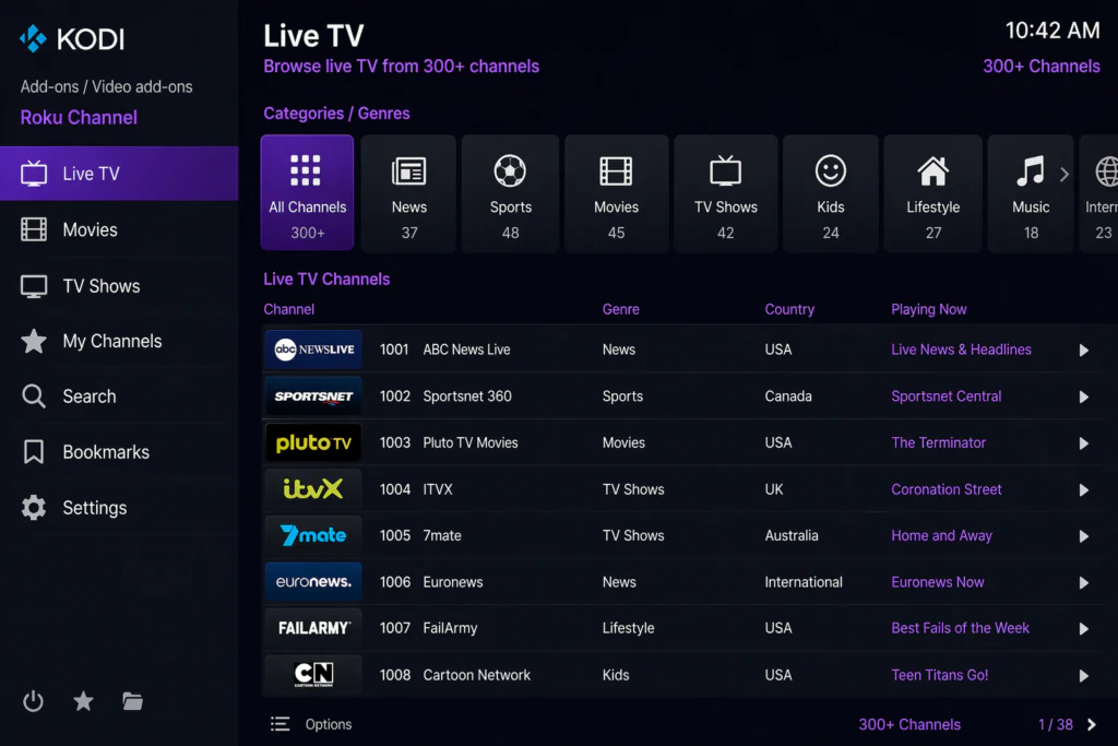 Roku Channel Kodi addon Live TV section showing 300 plus channels organized by categories