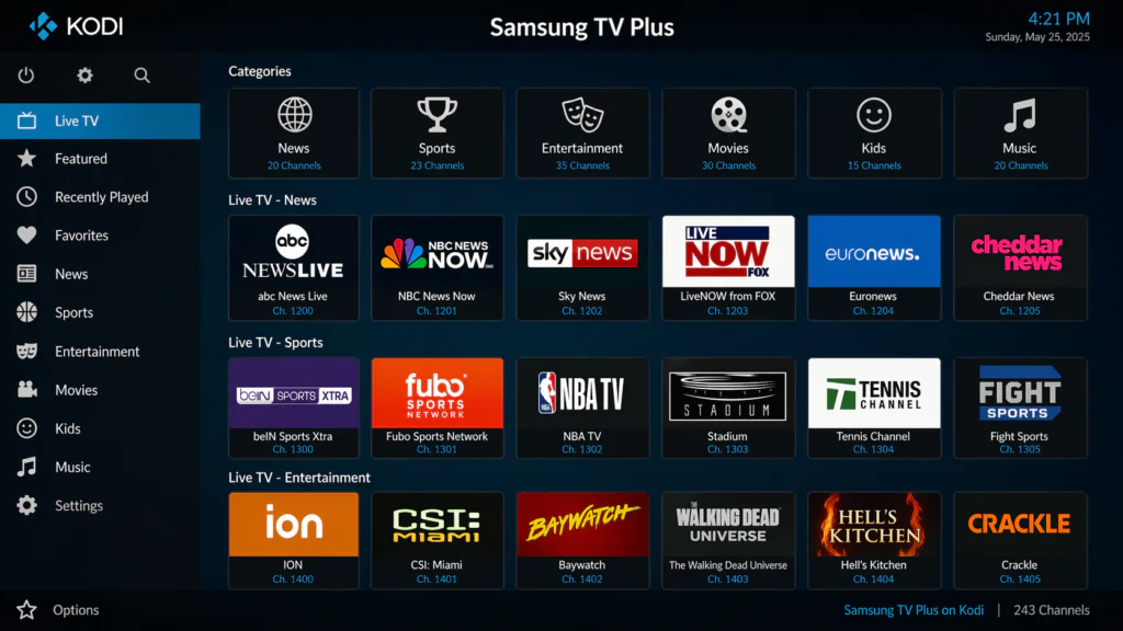 Samsung TV Plus Kodi addon showing channel grid with news, sports, and entertainment categories in a dark Kodi interface