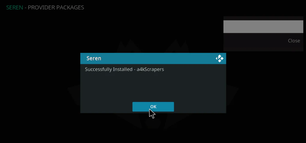 Seren confirming a4kScrapers provider package installed successfully