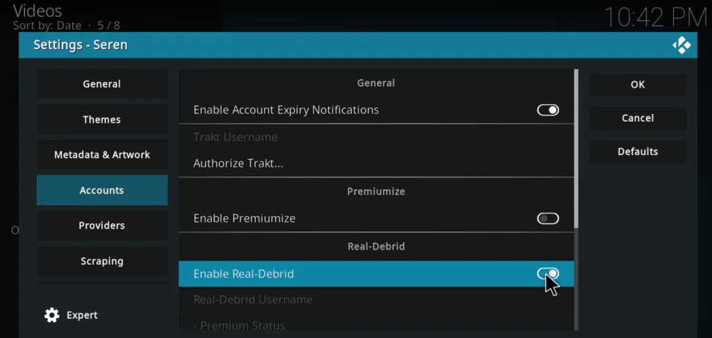 Seren Settings Accounts page showing Real Debrid toggle enabled