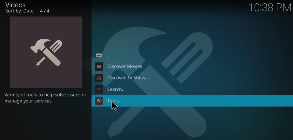 Seren addon home screen with Tools option selected