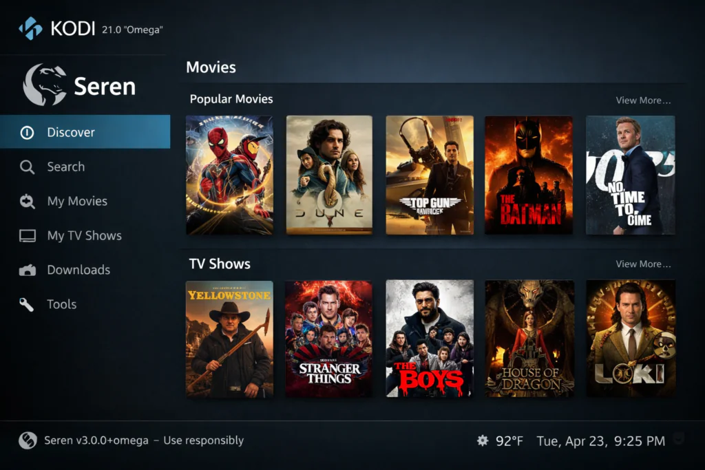 Seren addon installed on Kodi 21 Omega showing the home screen with Movies and TV Shows 