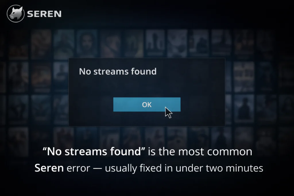  Seren addon showing "No streams found" error message on Kodi — common issue with fix Caption: "No streams found" is the most common Seren error — usually fixed in under two minutes