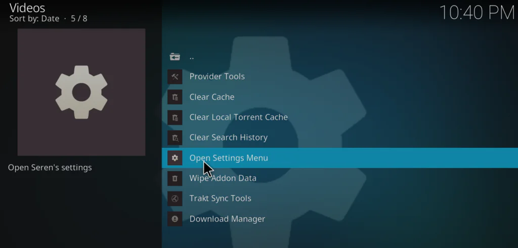 Seren Tools menu with Open Settings Menu option highlighted