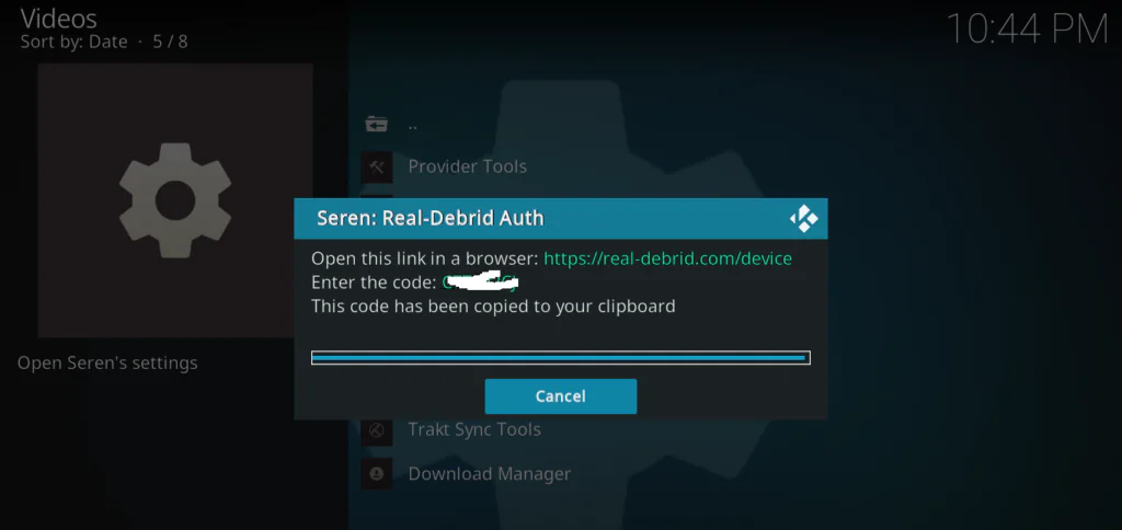  Seren showing Real Debrid authorization code and URL to enter on phone or computer