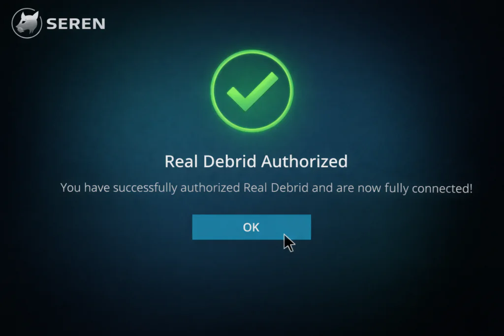 Seren confirmation screen showing Real Debrid successfully authorized and connected