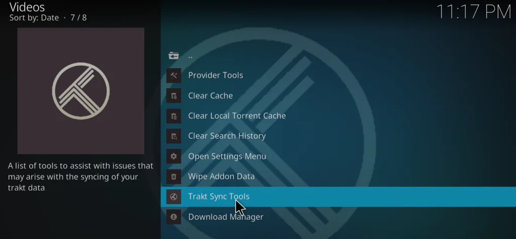 Seren Tools menu with Trakt Sync Tools option selected