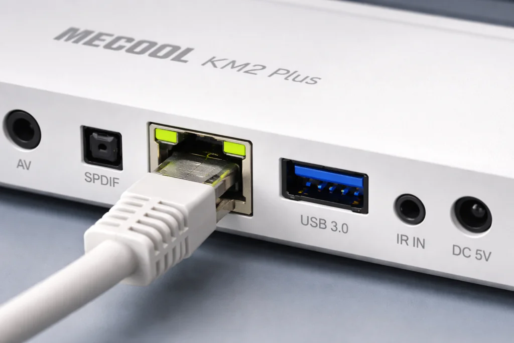 Ethernet port on the back of MECOOL KM2 Plus with cable connected