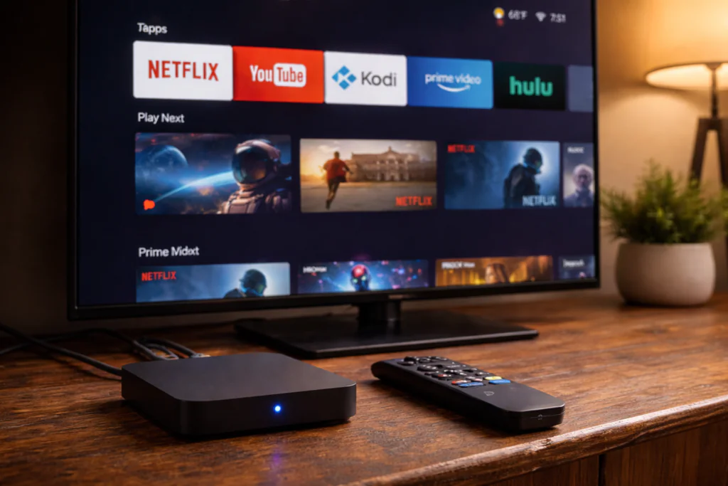 Smart TV box connected to a television showing streaming apps with remote on wooden table in a modern home setup