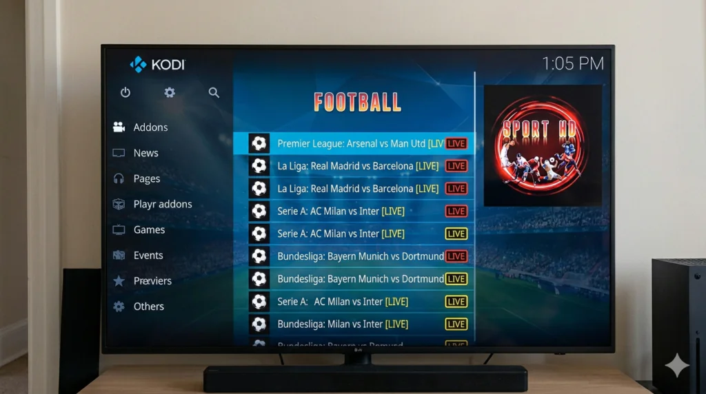 live football match streaming through sport hd addon kodi on tv screen