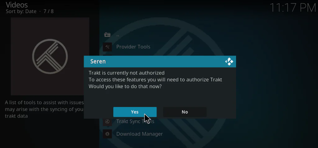 Seren Tools menu with Trakt Sync Tools option selected