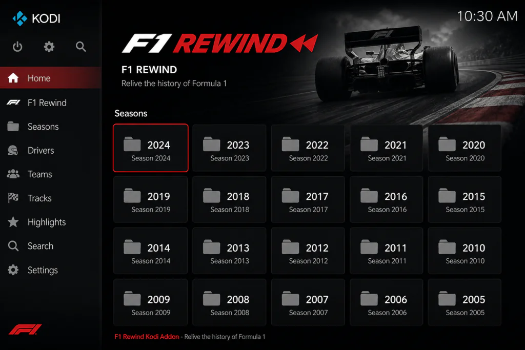F1 Rewind Kodi addon home screen