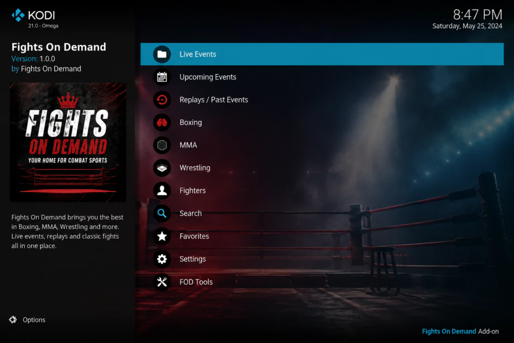 Fights On Demand Kodi Addon main menu on Kodi 21 Omega